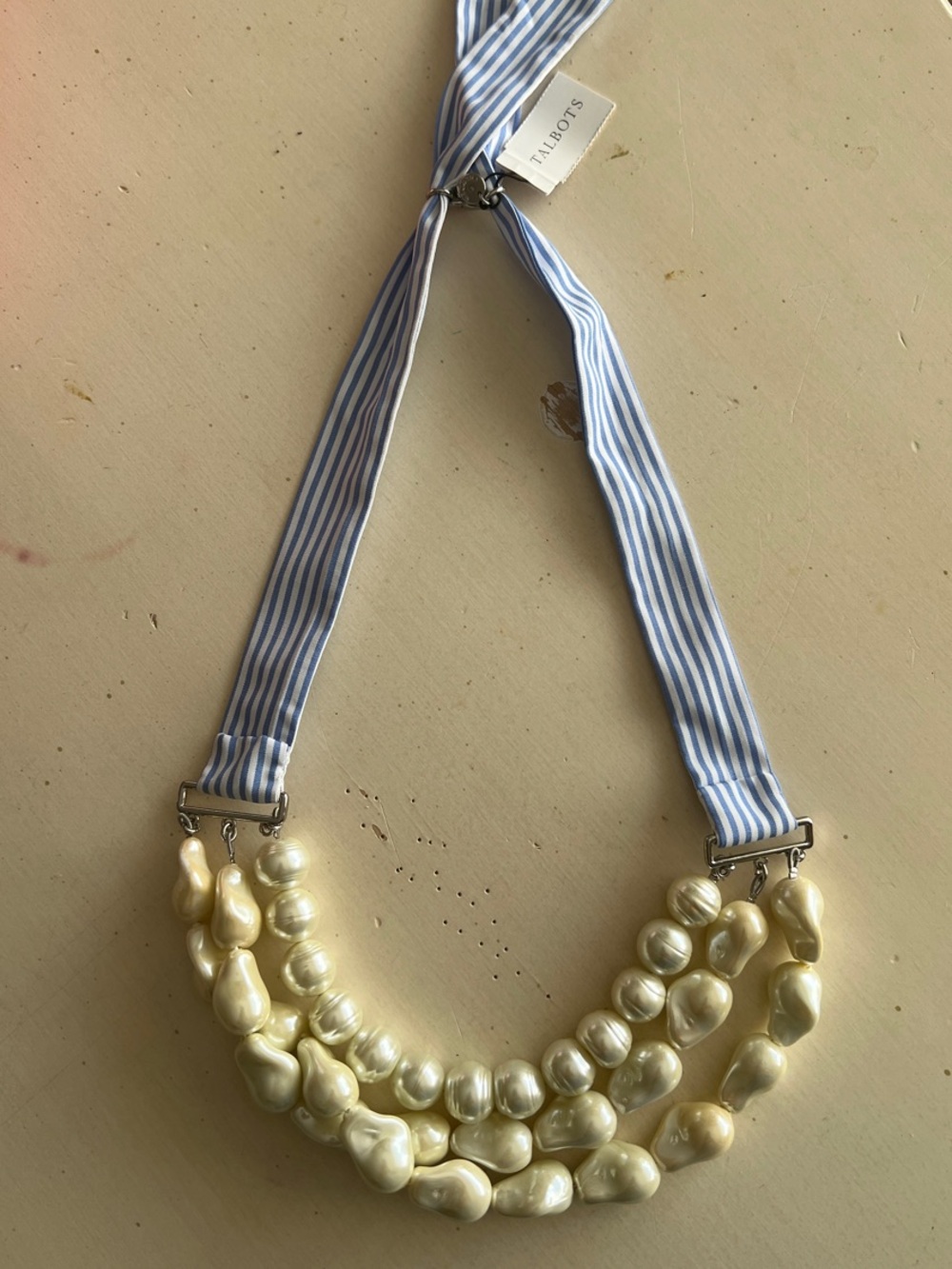 Talbots Pearl Necklace with Blue Stripe Ribbon